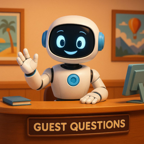 Smiling AI bot behind a reception desk