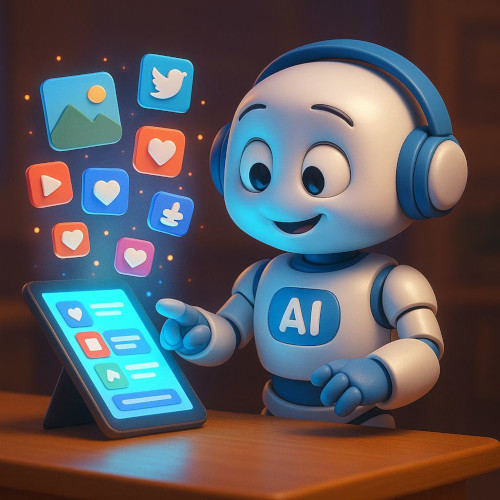 Smiling AI chat bot working on computer